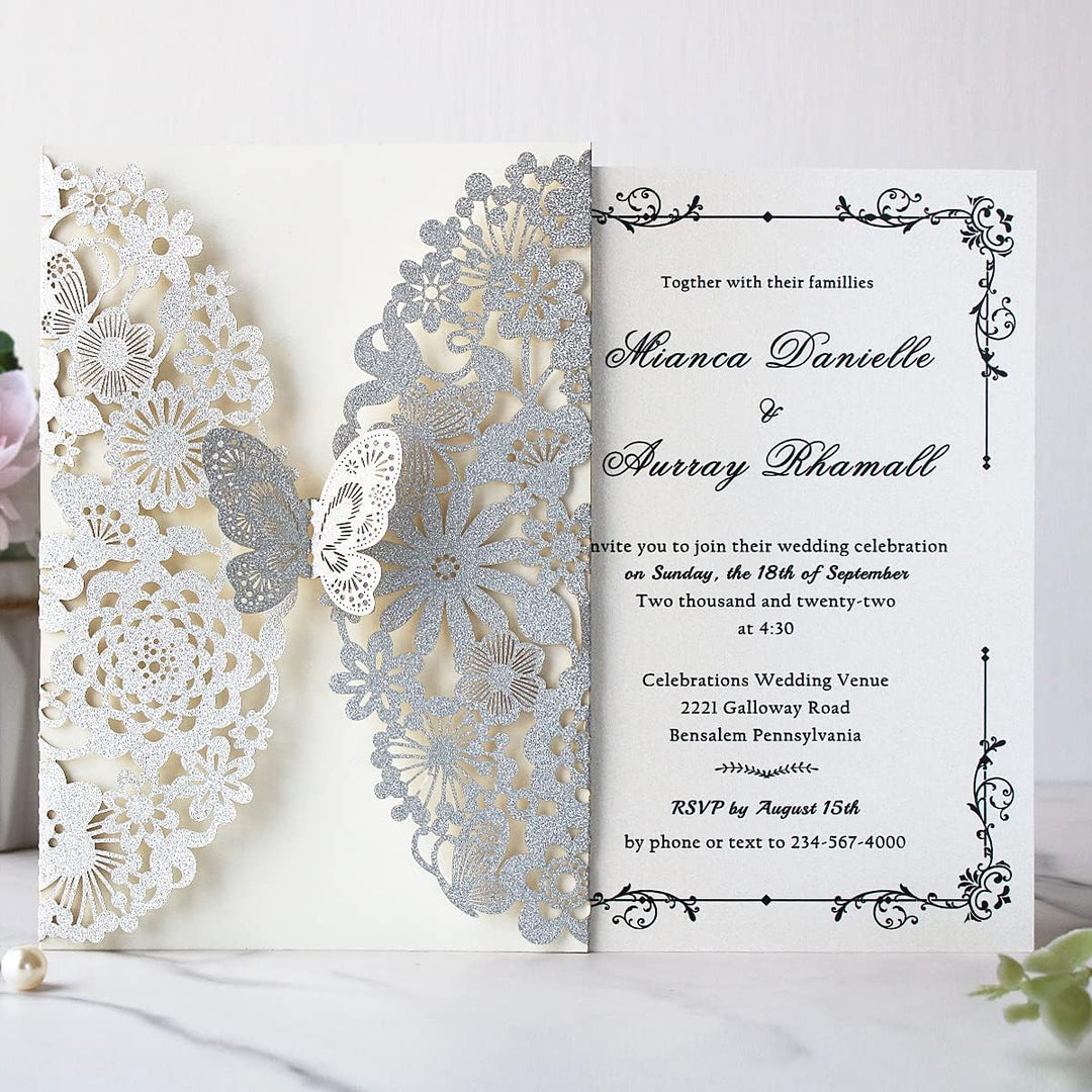 Hosmsua 20x Silber Glitzer Laserschnitt Spitze Flora Hochzeit Einladungskarten mit Schmetterling und