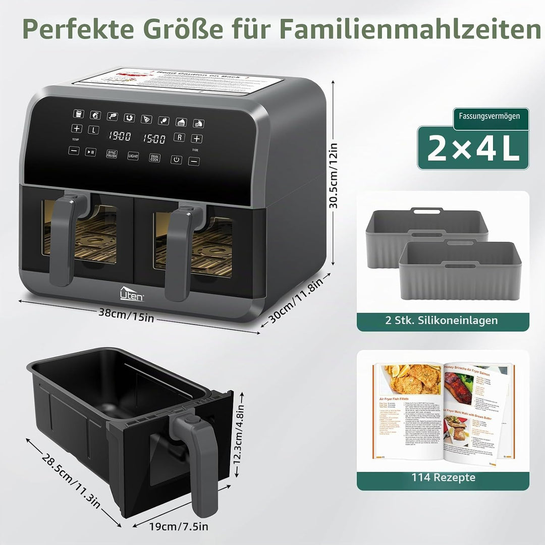 Uten Doppel Heissluftfritteuse, 8L Heissluftfritteuse Dual Zone Sichtbar, XXL Airfryer mit 2 Kammern