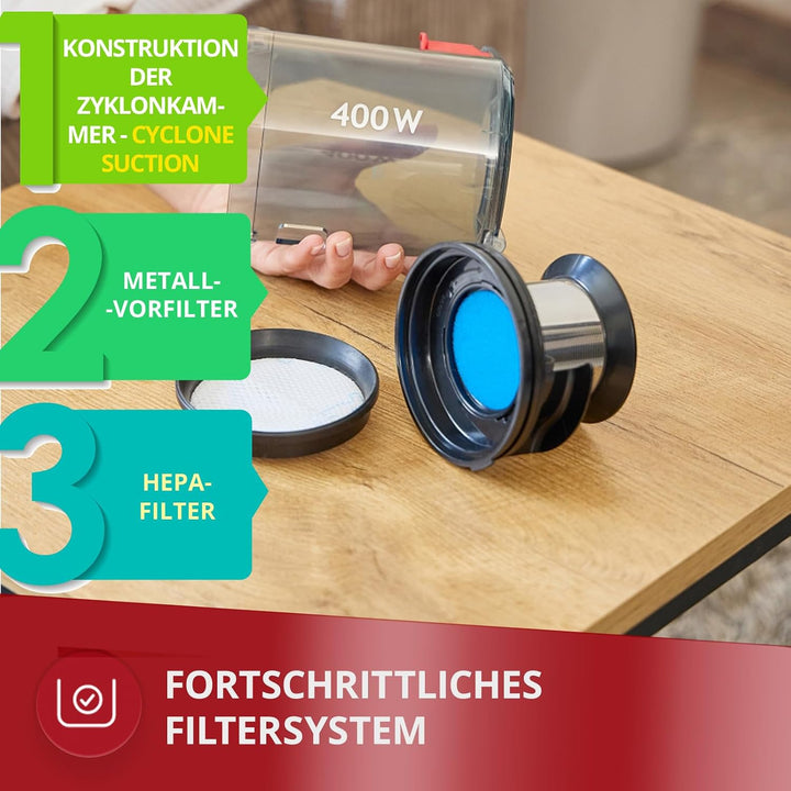 MPM MOD-71 Akku Staubsauger 2 in 1 mit 400 W, Knickrohr und HEPA-H12-Filter | Staubsauger kabellos,