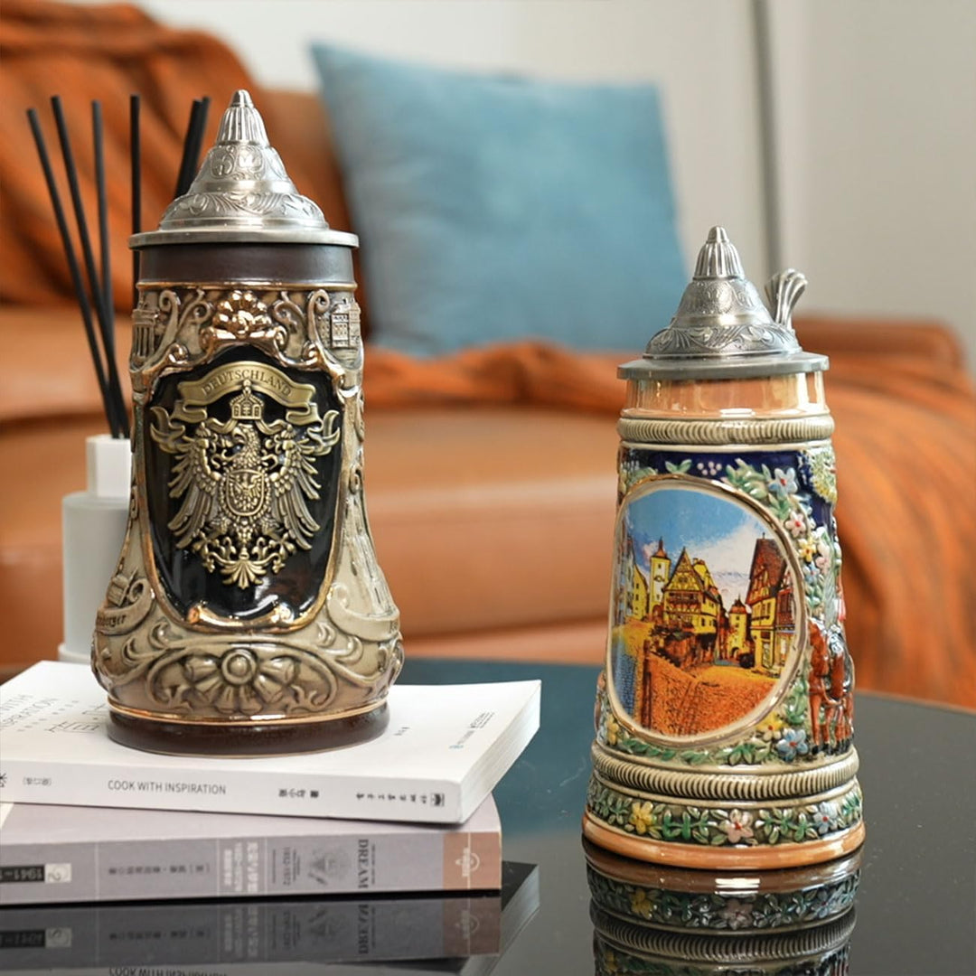 NENBOLEC Bierkrug mit Zinndeckel Bierseidel Steinkrug Deutsch Frankfurt Römer Beer Stein 0.6L