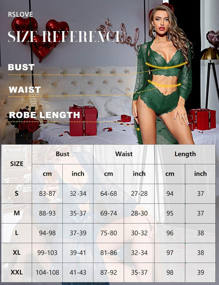 RSLOVE Sexy Dessous Set für Damen 3 teilig Spitzen Kimono mit BH und Höschen S Grün, S Grün