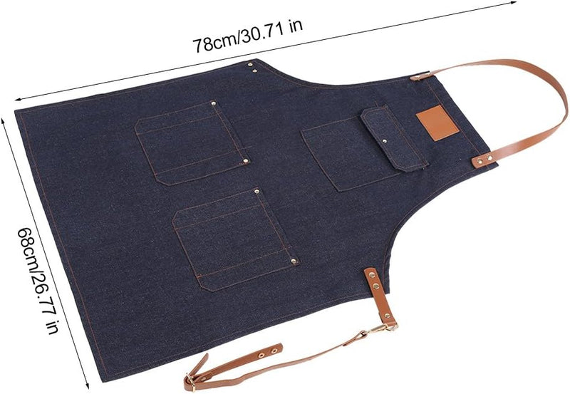 Strapazierfähige Denim-Lätzchenschürze, Jeans-Küchenschürze, verstellbarer Lederriemen, für Bäcker B