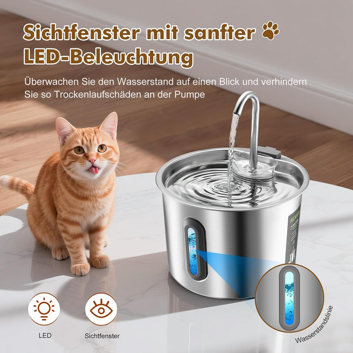 Katzenbrunnen Edelstahl 2.2L, Rever Ultraleiser Trinkbrunnen für Katzen mit Wasserstandsfenster, 3-S