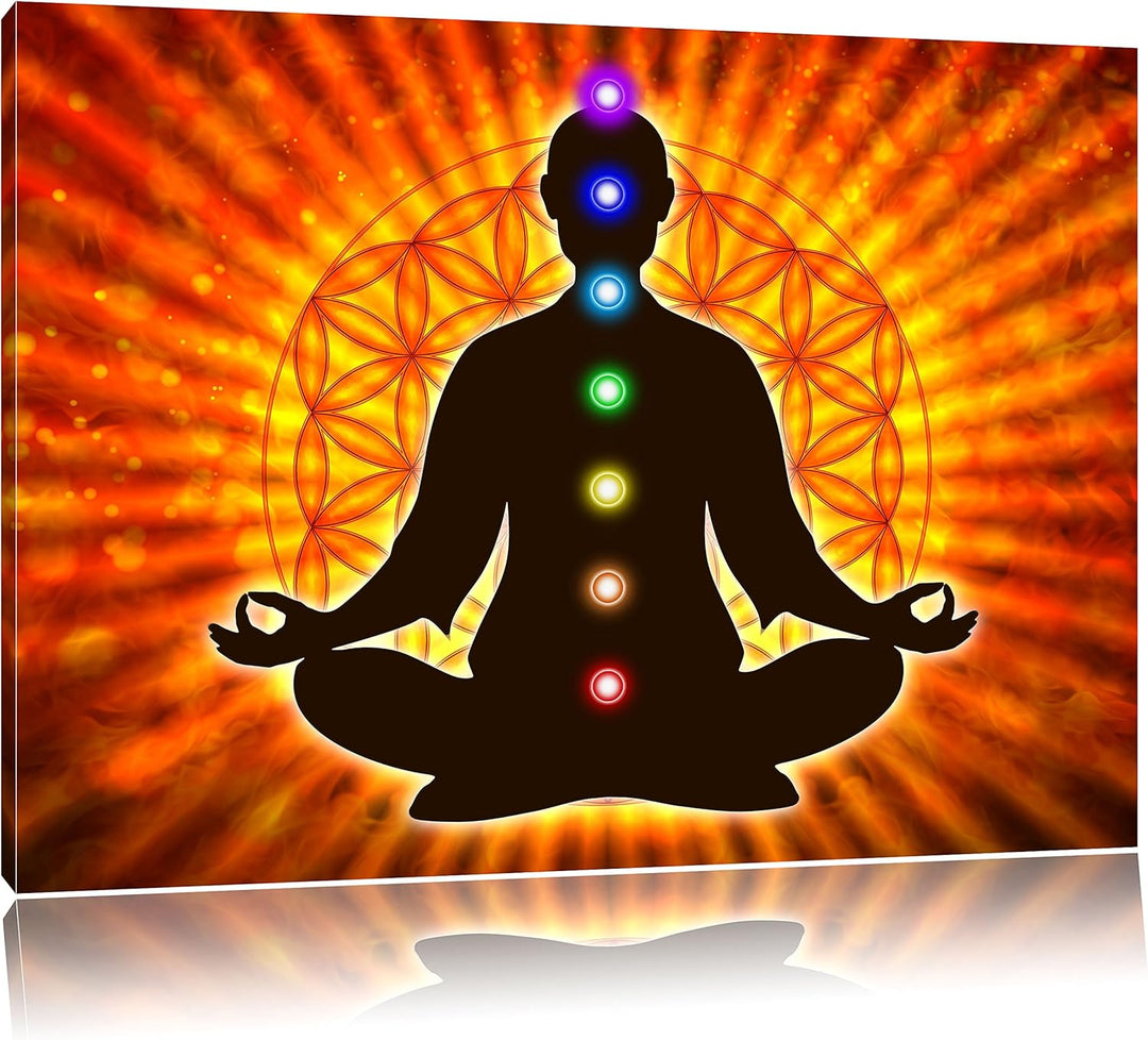Pixxprint Meditation mit den 7 Chakren / 100x70cm Leinwandbild bespannt auf Holzrahmen/Wandbild Kuns