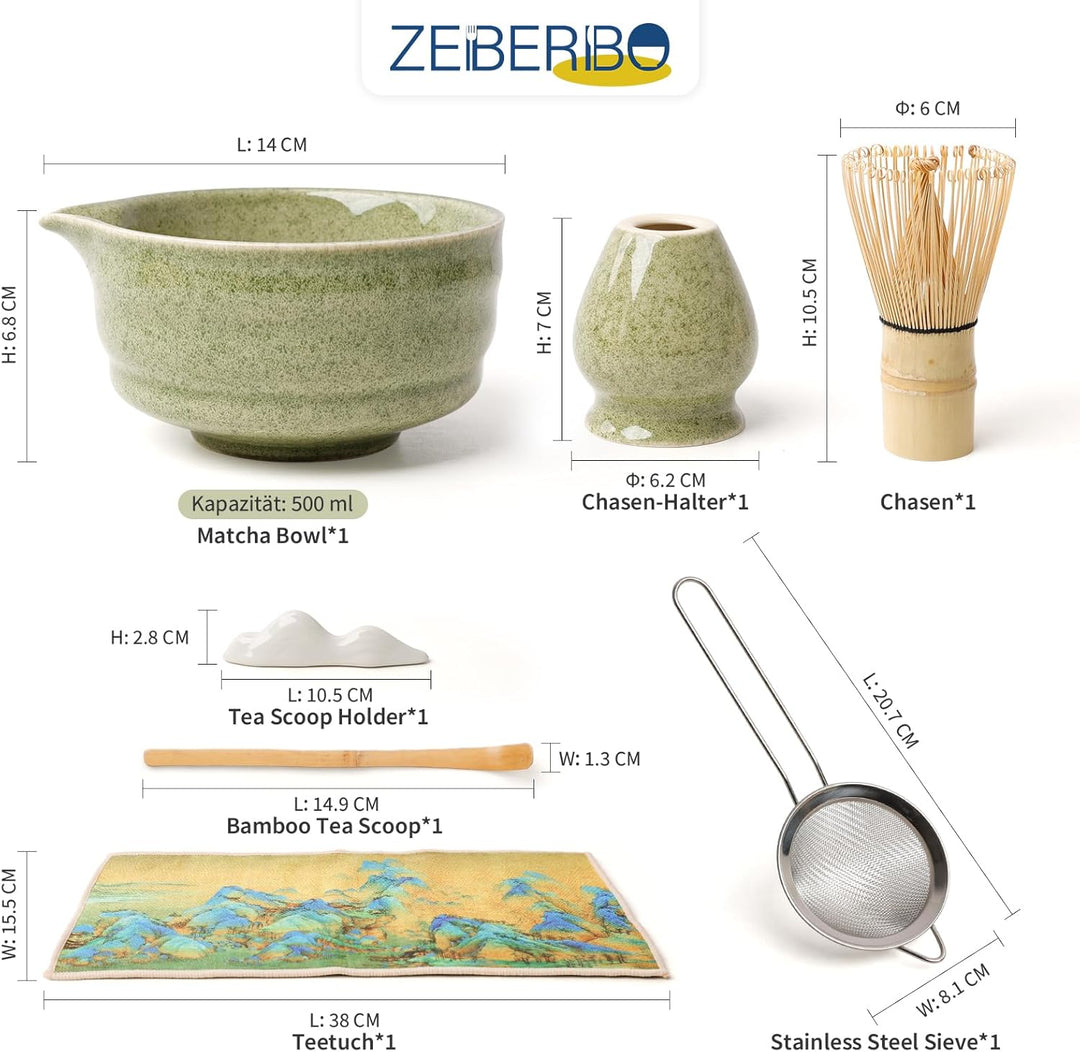 Matcha Set 7-Teilig, Japanisches Teezeremonie Set mit Keramikschale Bambus Besen, Sieb, Löffel, Halt