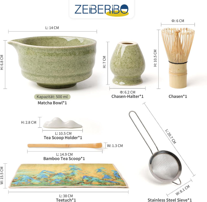 Matcha Set 7-Teilig, Japanisches Teezeremonie Set mit Keramikschale Bambus Besen, Sieb, Löffel, Halt