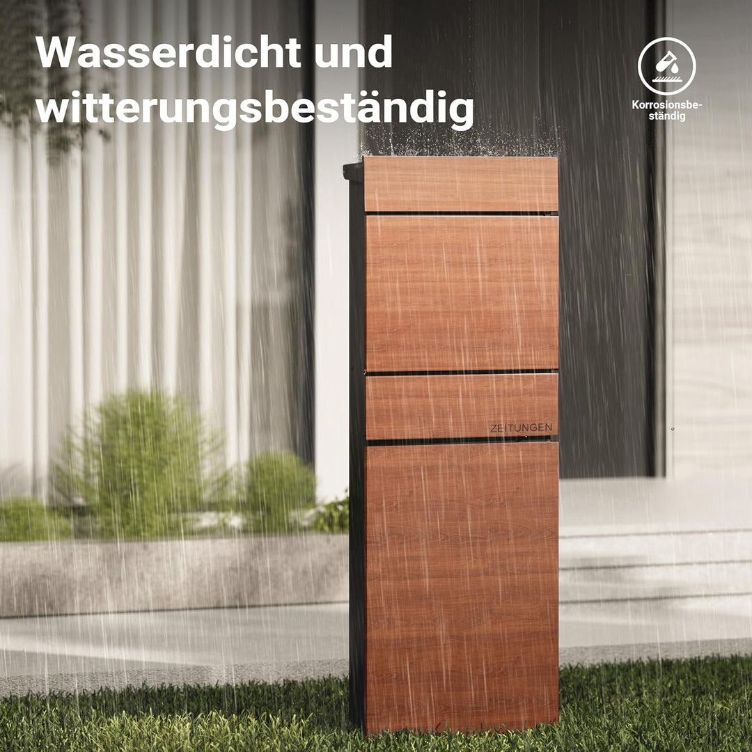 Wiltec Standbriefkasten mit Zeitungsrolle in Holzoptik 395 x 142 x 1150 mm aus Stahl, Briefkasten mi