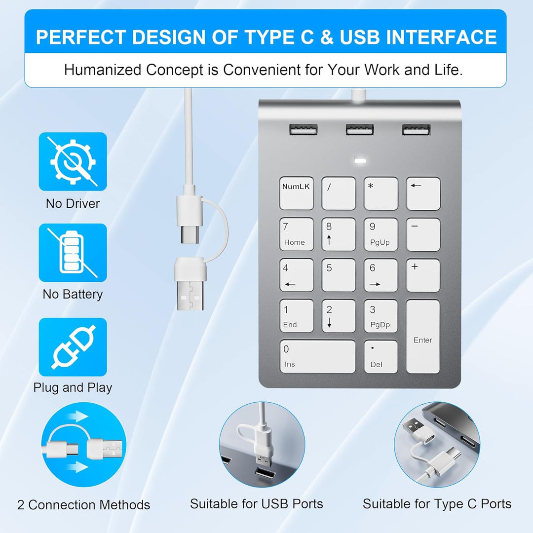 Numeric Keypad Wired Numpad, USB A/USB C Ziffernblock Ergonomischer Mini Nummernblock mit 3 USB 2.0