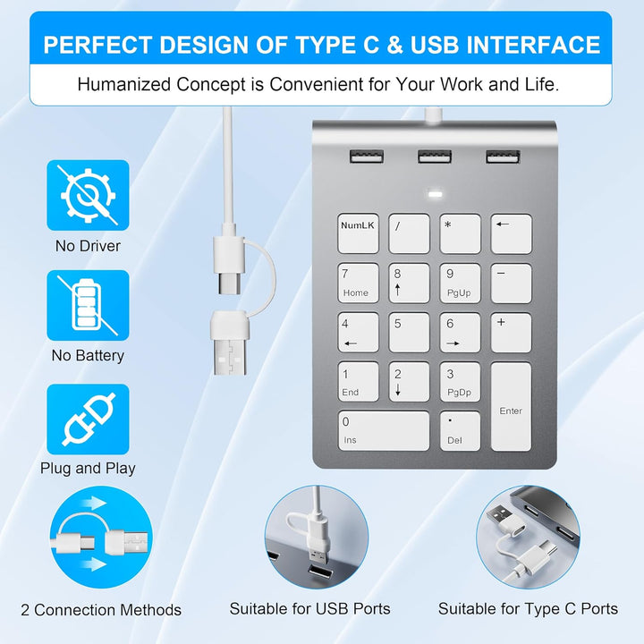 Numeric Keypad Wired Numpad, USB A/USB C Ziffernblock Ergonomischer Mini Nummernblock mit 3 USB 2.0