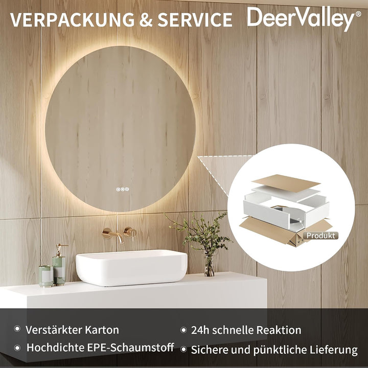 DeerValley Badspiegel mit Beleuchtung 80cm, Anti Beschlag LED Spiegel mit 3-Fach Vergrösserung, 3 Fa