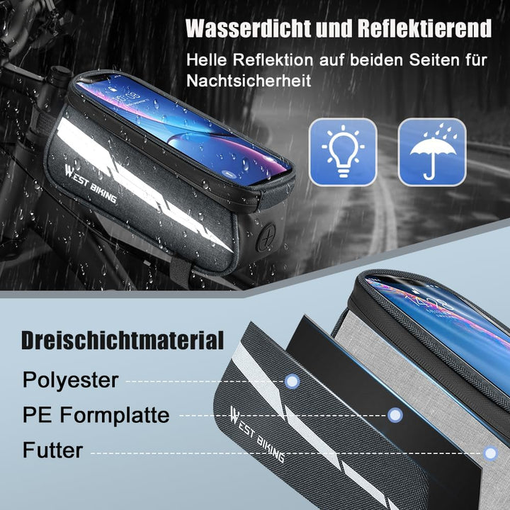 Fahrrad Rahmentasche Lenkertasche mit Handytasche, 1L Oberrohrtasche mit Touchscreen für Smartphone