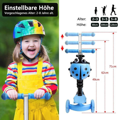 YOLEO 5-in-1 Kinder Roller Scooter mit Abnehmbarer Karikaturkorb Sitz Schubstange LED grosse Räder B