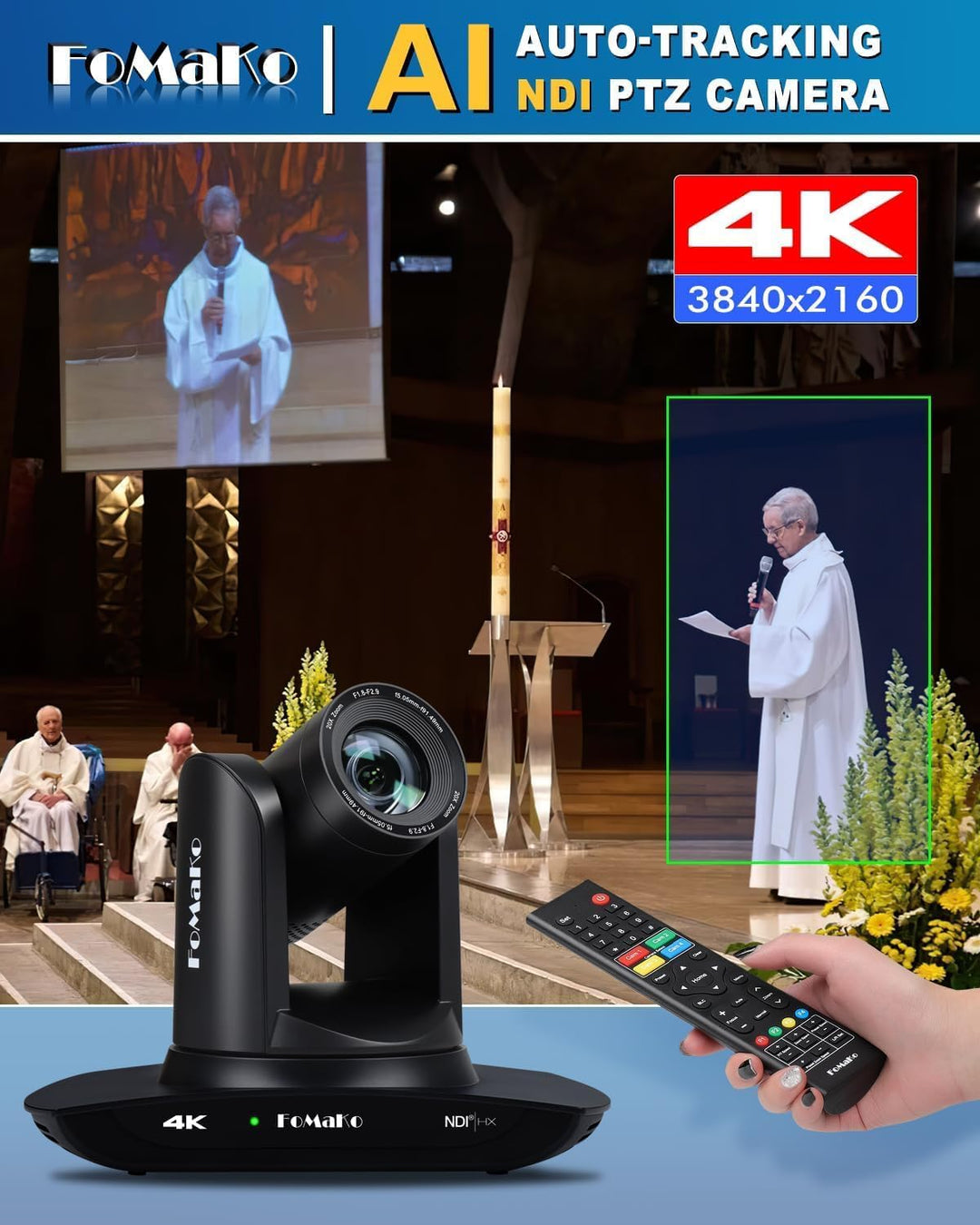 FoMaKo 4K PTZ NDI HX3 Kamera 20x Optischer Zoom, KI Auto-Tracking, 3G-SDI HDMI LAN PoE USB3.0 Live S