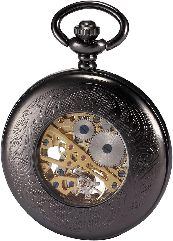 TREEWETO Unisex Taschenuhr mit Kette Analog Handaufzug Antik Skelett Lupe Schwarz