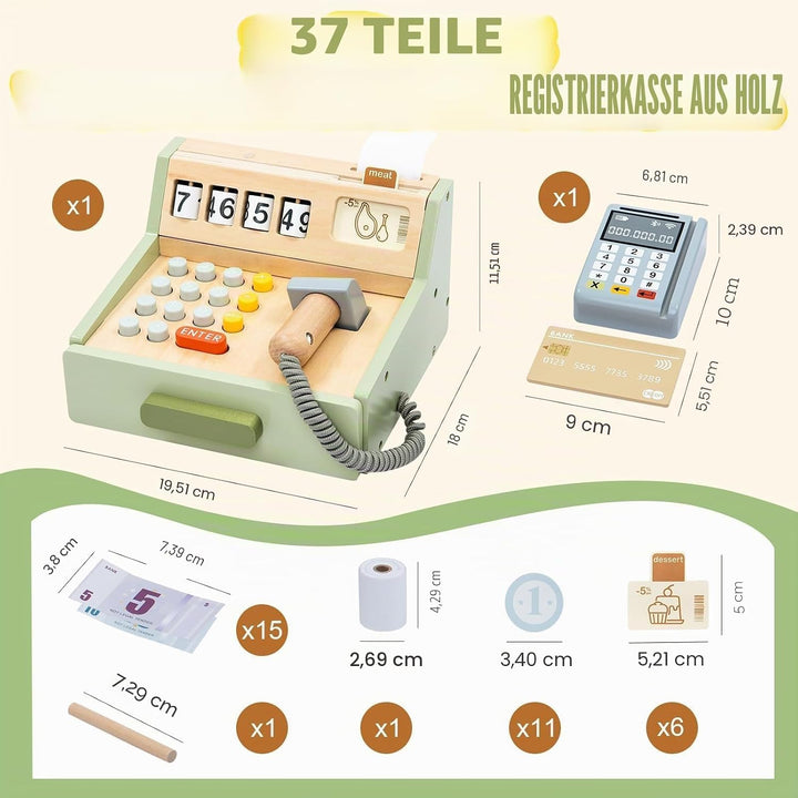 Holzkasse für Kinder – Interaktive Spielkasse für Kaufladen mit Scanner, Kartenleser, Spielgeld & Ho