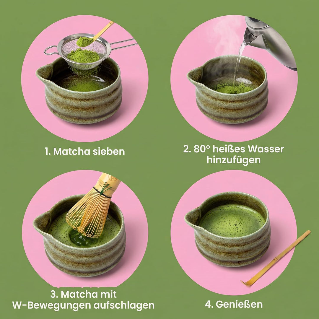 Premium Matcha Set 7-teilig – Design Keramik Schale mit Ausgiesser, Bambusbesen & Zubehör – Komplett
