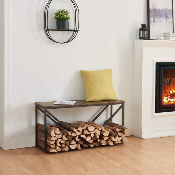 [en.casa] Kaminholzregal Vaasa Feuerholzständer mit Sitzfläche Holzlager aus Stahl Brennholzregal V-