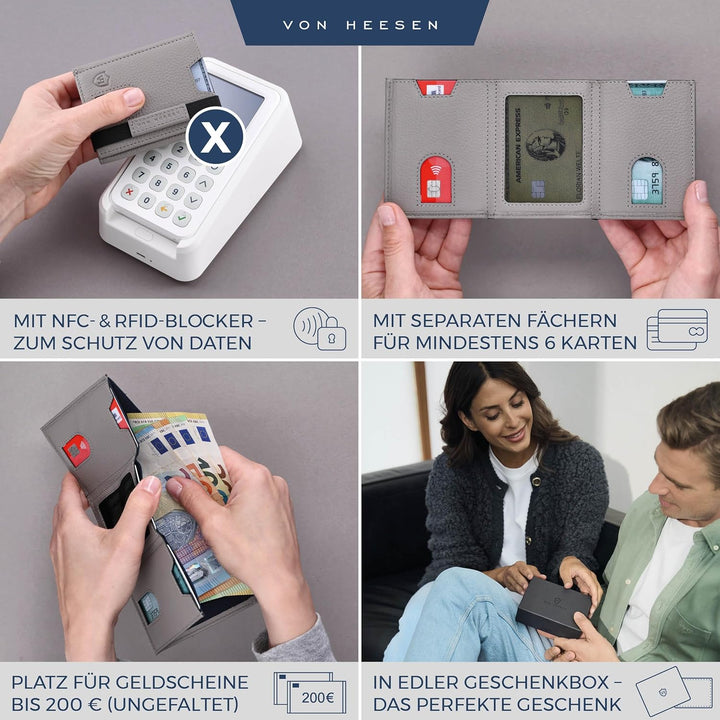 VON HEESEN Leder Slim Wallet - Geldbeutel mit RFID Schutz - Mini Geldbörse für Herren und Damen - Ka