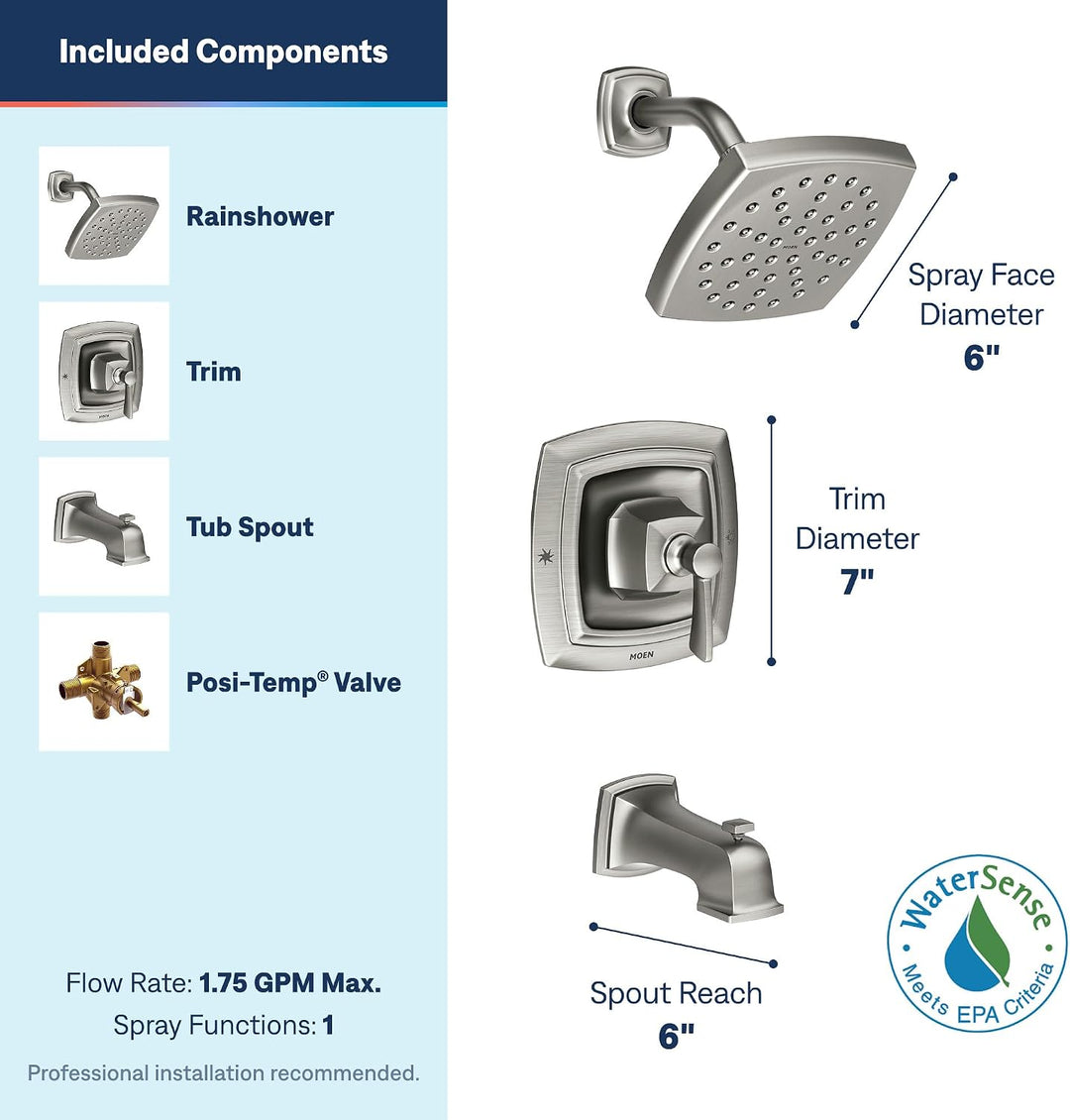 Moen 82922SRN Conway Einhandgriff Posi-Temp Wannen-/Duscharmatur, Spot Reset Nickel gebürstet, Spot