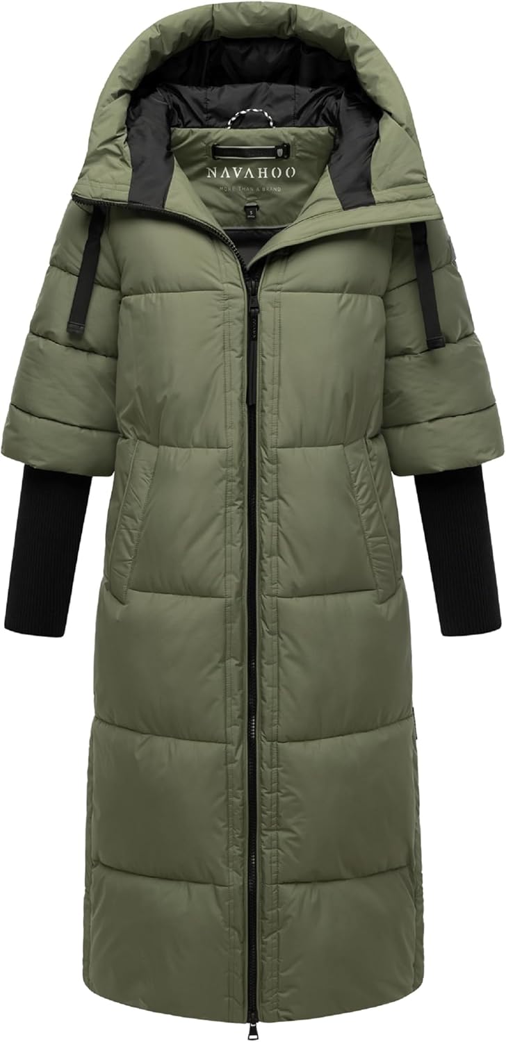 Navahoo Damen langer Wintermantel warmer Steppmantel mit Kapuze und Rippstrickärmeln Ciao Miau XIV X