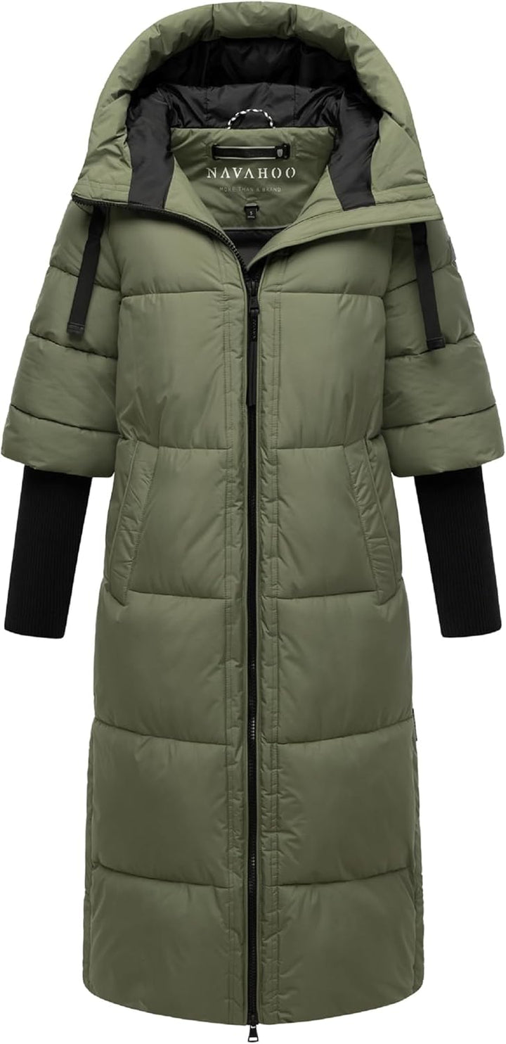 Navahoo Damen langer Wintermantel warmer Steppmantel mit Kapuze und Rippstrickärmeln Ciao Miau XIV X