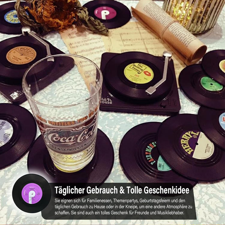 6er-Set Schallplatten Untersetzer Set mit Halter, Rund Vinyl Untersetzer rutschfeste Getränke Unters