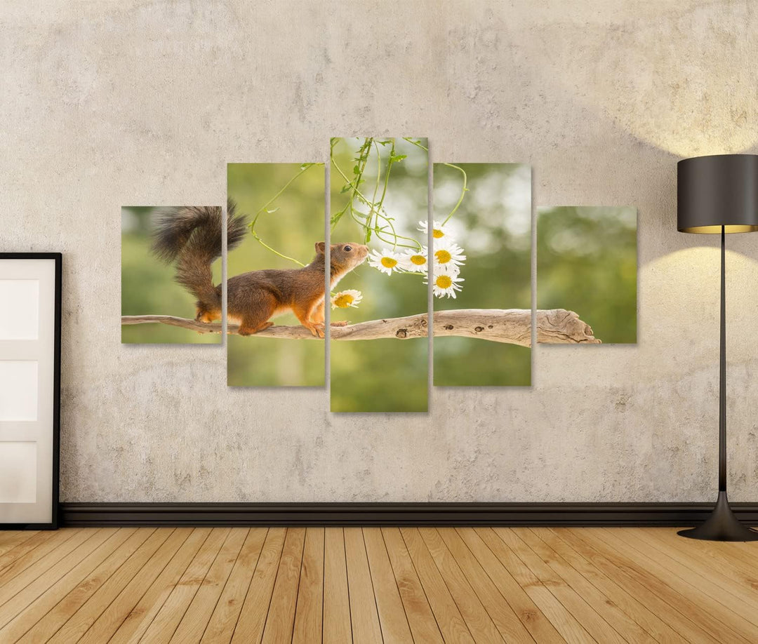 islandburner Bild auf Leinwand süsses Eichhörnchen auf AST mit Blumen Wandbild Poster Kunstdruck Bil