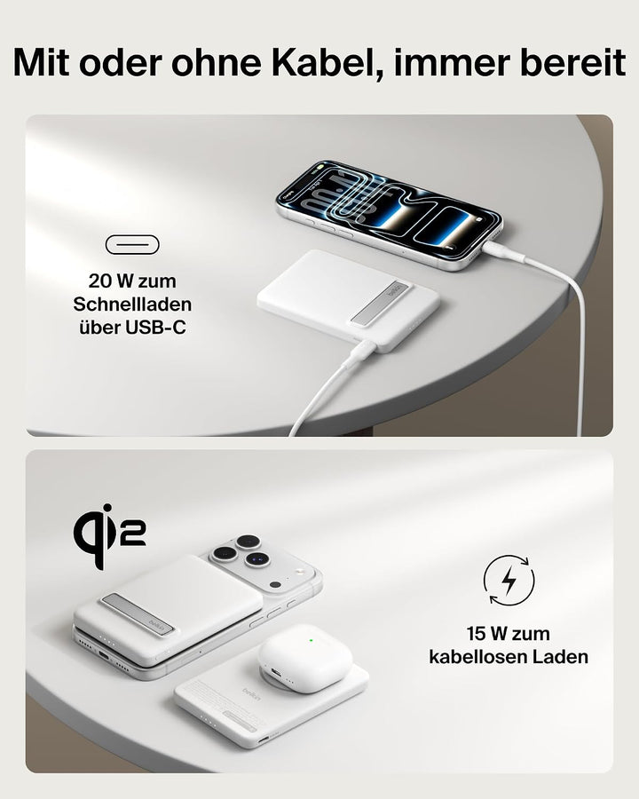 Belkin BoostCharge 5000mAh Magnetische Power Bank mit Ständer – Weiss | 5K Qi2 Kabelloses Ladegerät,