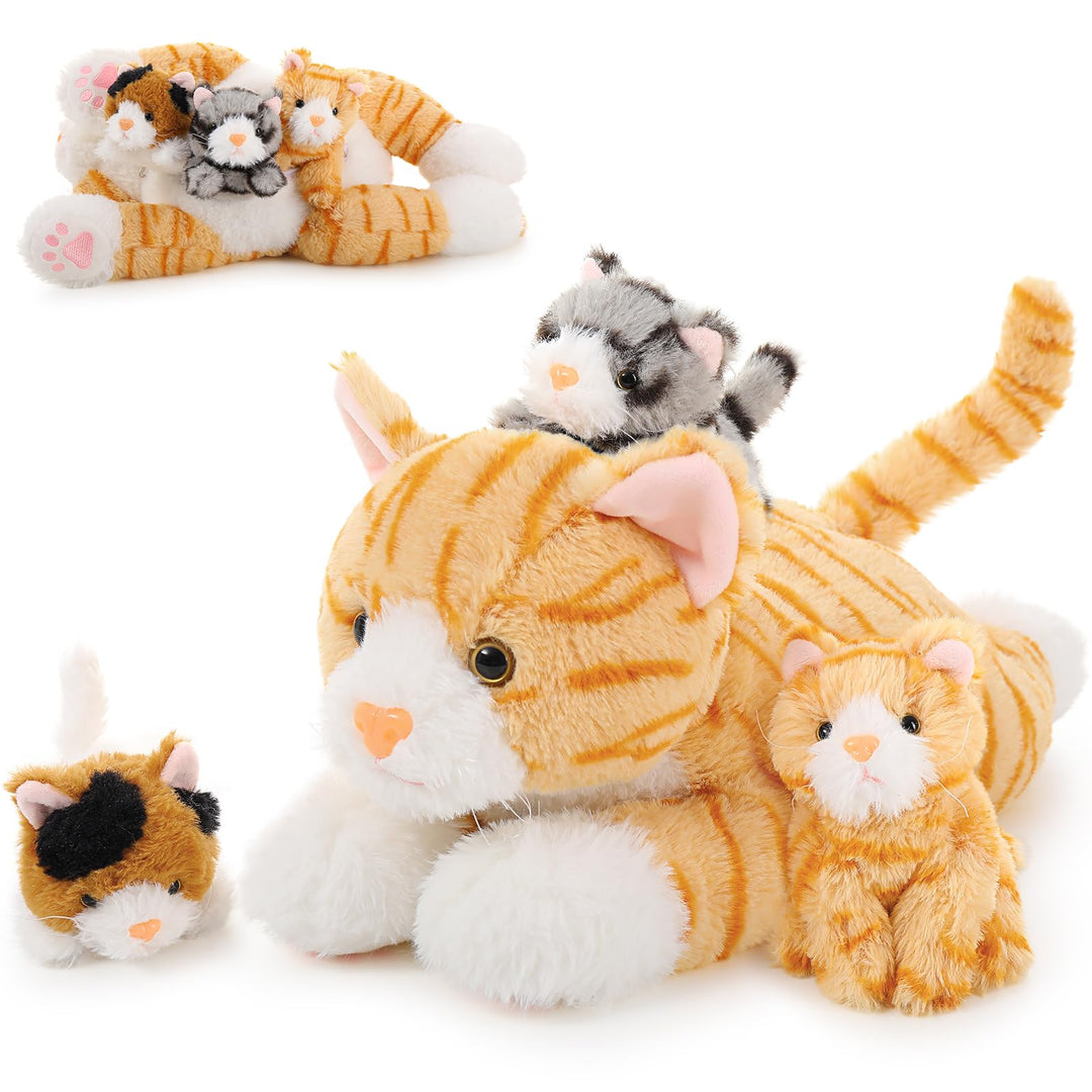 MorisMos Gelb Katze plüschtier XXL, 40cm Riesen Katze Kuscheltier mit 3 Baby im Bauch, gross PlüschK