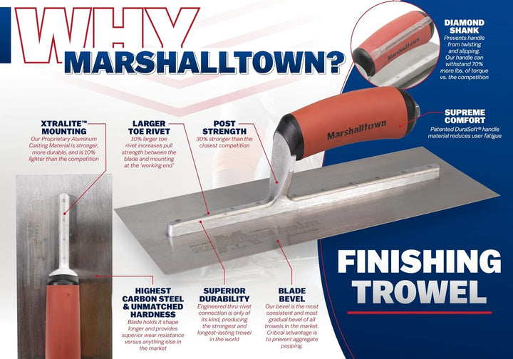 Marshalltown Glättkelle mit gebogenem Durasoft Griff aus Goldstahl, für Boden und Beton sehr gut gee