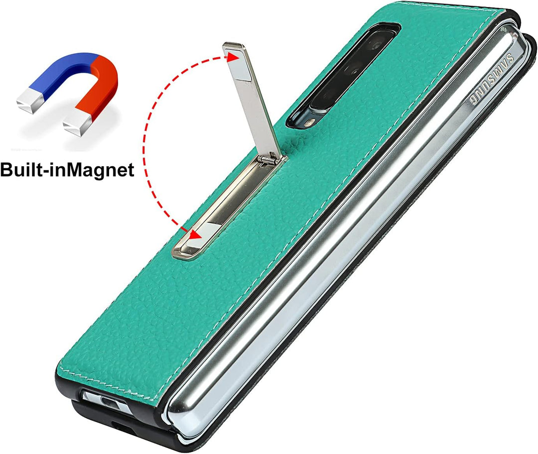 Handyhülle für Samsung Galaxy Fold, Ultradünn Luxus Litchi Korn Echtes Leder Hüllen mit Standfunktio