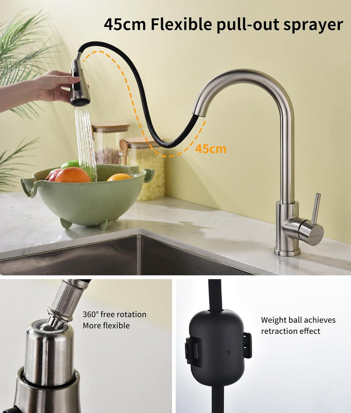 Wasserhahn Küche Ausziehbar,Hochdruck Küchenarmatur mit Herausziehbarer Brause Mischbatterie Küche m