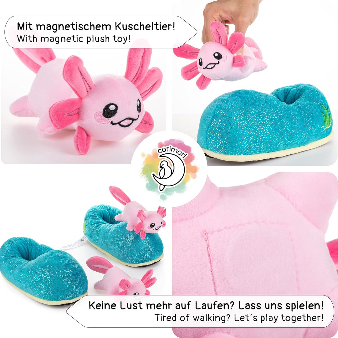 corimori Plüsch-Hausschuhe zwei Einheitsgrössen (Kinder 25-33,5 und Erwachsene 34-44), Gummizug und