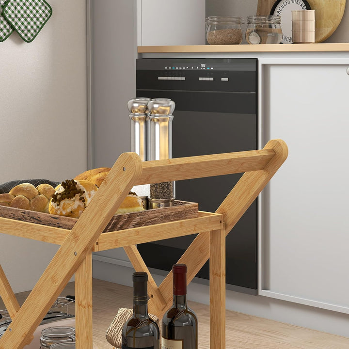 HOMCOM Küchenwagen Servierwagen mit 2 Ebenen, Rollwagen mit Weinregal, Arbeitsplatte, Griff Küchenre