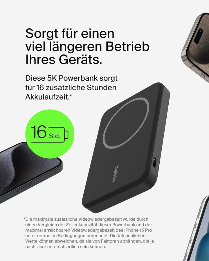Belkin BoostCharge Pro Kabellose Powerbank 5000mAh mit Qi2, MagSafe-Kompatibles Tragbares Ladegerät
