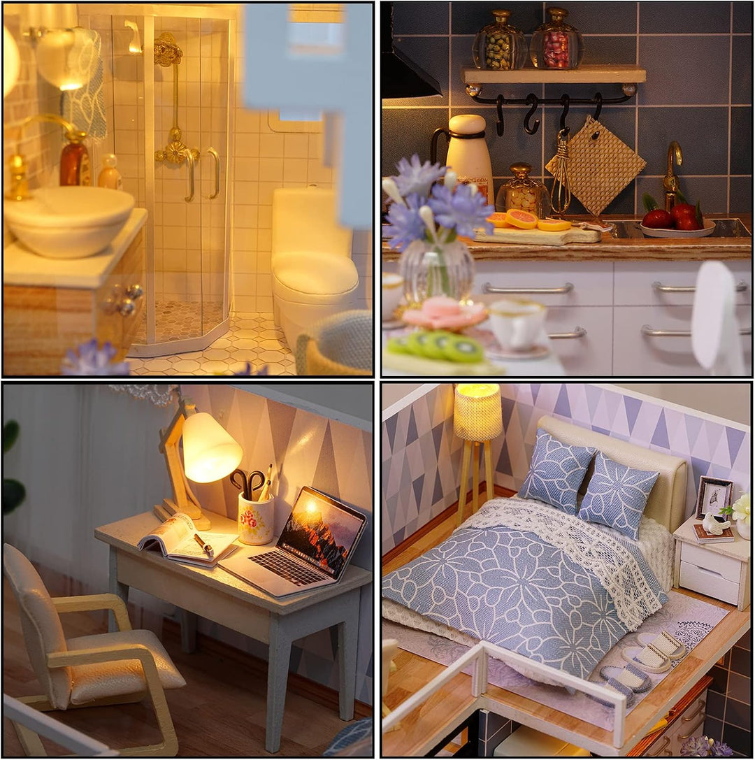 CUTEROOM DIY Miniatur Puppenhaus mit Möbeln,DIY hölzernes Schaalmodel-Kit mit Musik-Bewegung und LED