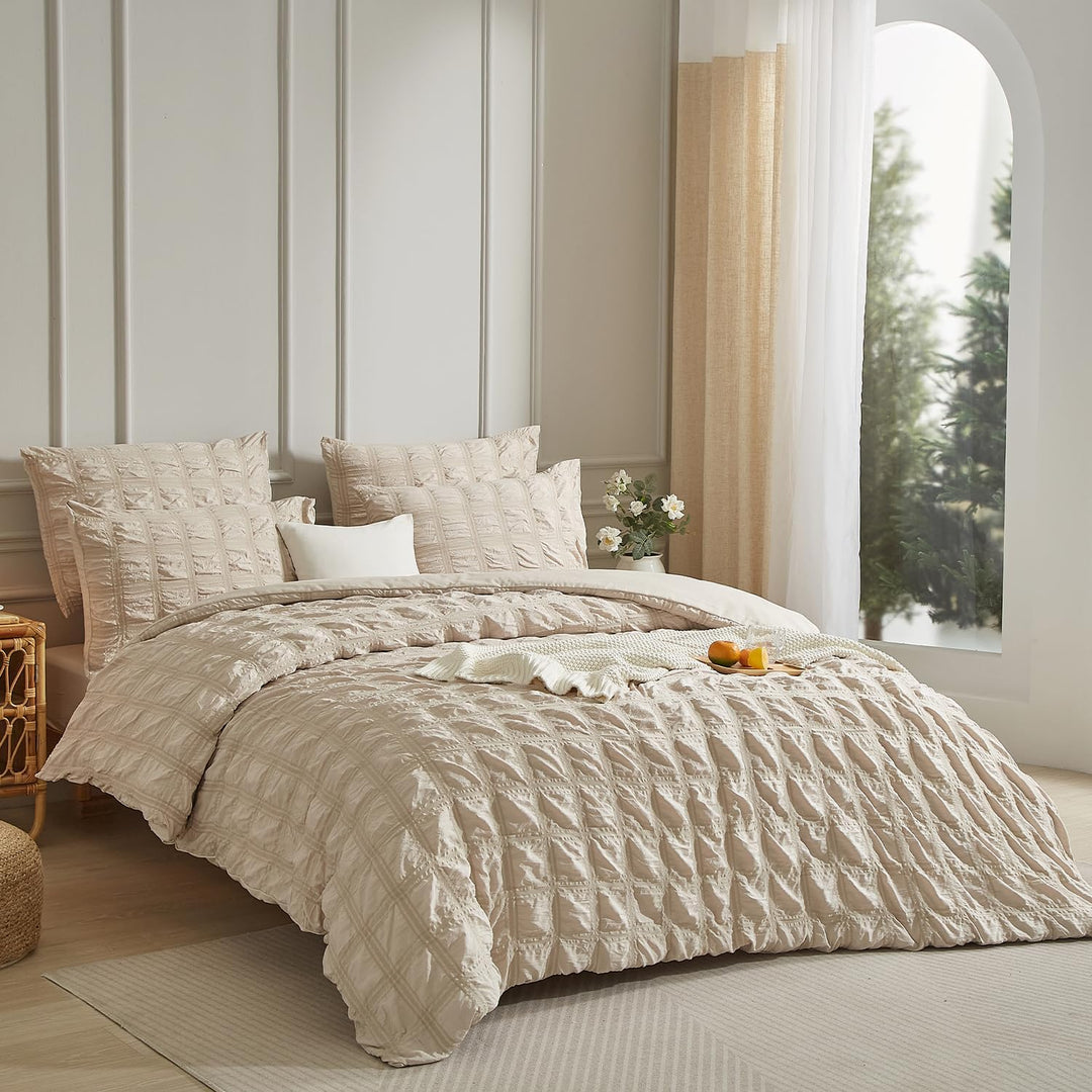 Luofanfei Beige Seersucker Bettwäsche 135x200 Sommer Kühlende Gestreiftes Karierte Uni Muster Sommer
