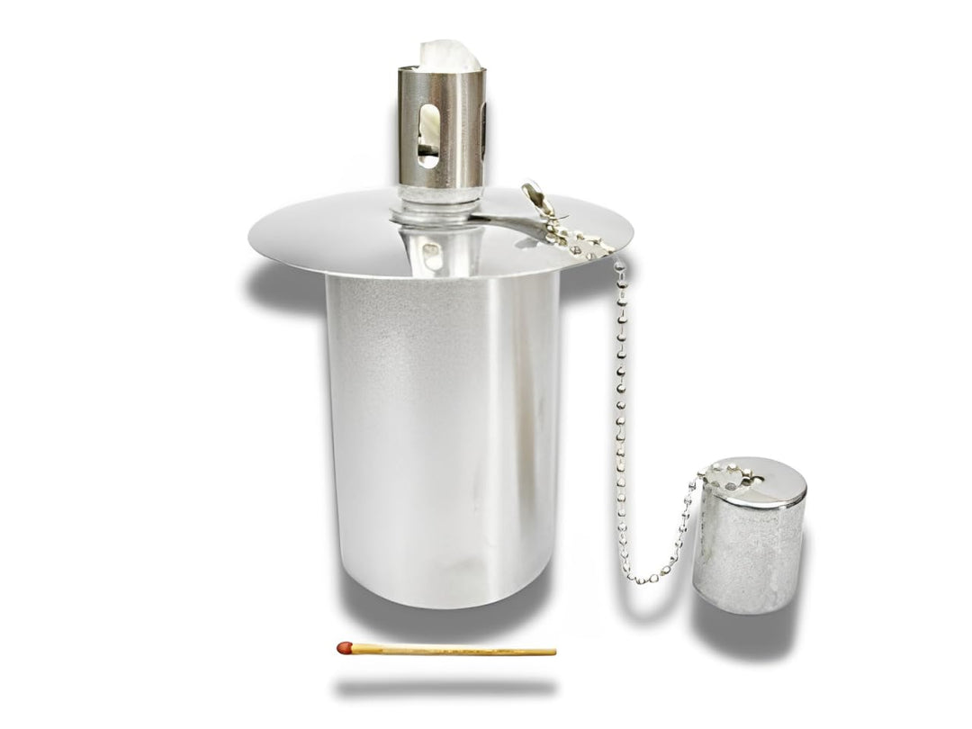 Edelstahl-Ölbehälter für Gartenfackeln & Brenner – 115 cm³ – Mit Kindersicherung – Ø 5,1 cm – TÜV-ge