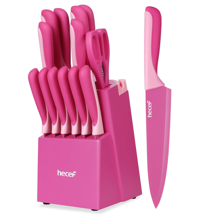 hecef 14-teilig Messerblock mit Messer, Pink, Antihaft-Beschichtung – Spülmaschinenfest, Messerblock