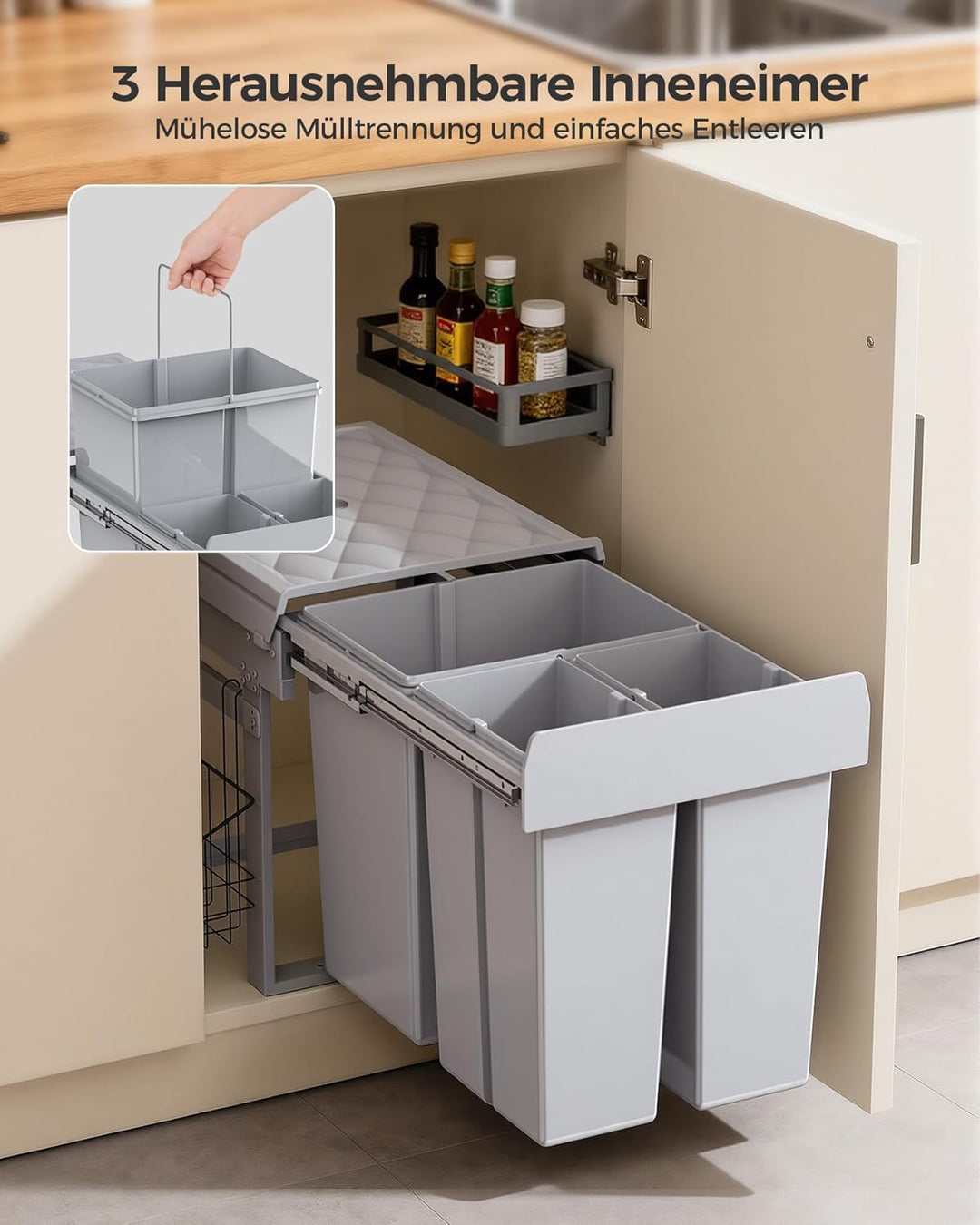 lovewind Dreikammer-Abfalleimer, 20L+2x10L, Mülleimer küche, Mülltrennsystem für Unterschrank，Stahlr