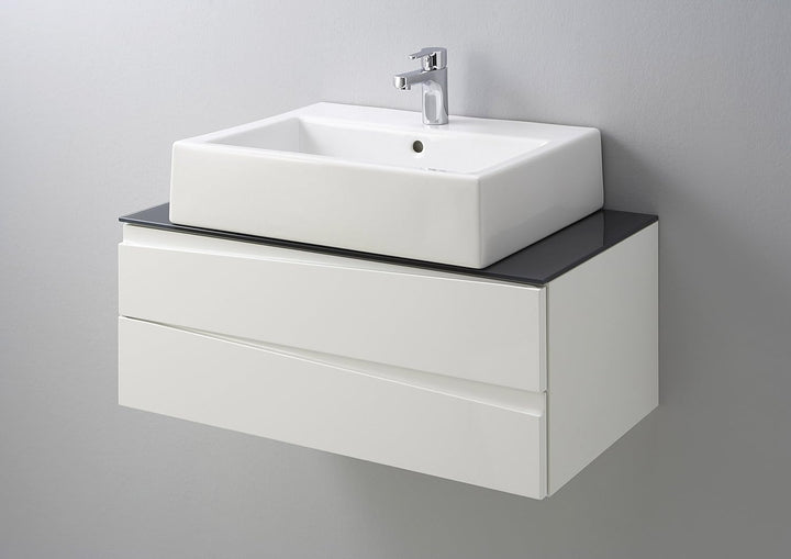 byLIVING Waschtisch SHAPE / Moderne Bad Kommode / Front Hochglanz Weiss / 2 Schubladen mit gefräster