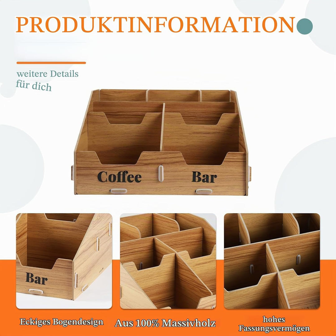 Kaffee Organizer Holz mit 7 Fächern &amp; herausnehmbaren Trennwänden – Kaffeestation &amp; Gewürz Organizer