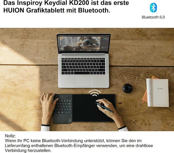HUION Grafiktablett Inspiroy Keydial KD200 Bluetooth 5.0 8,9 x 5,6 Zoll Stifttablett kombiniert mit