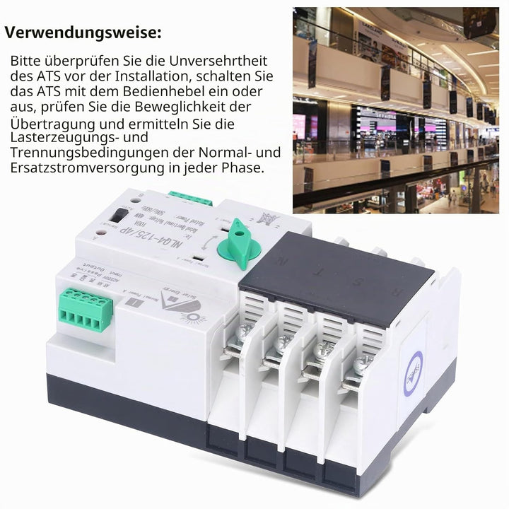 Dual Power Automatischer Transferschalter AC 400V 4P 100A ATS PC Hutschiene Notstrom Netz Umschalter