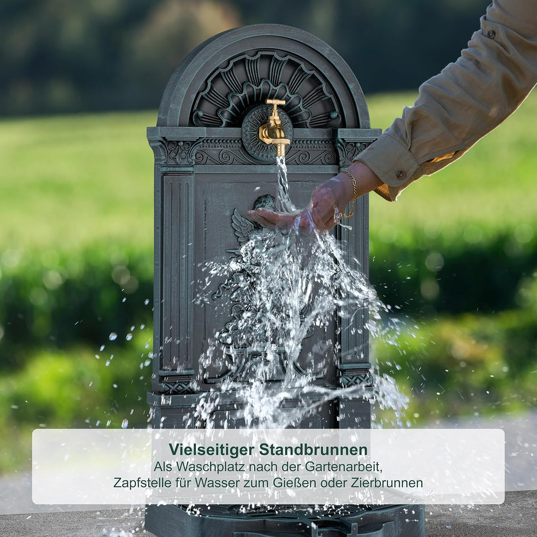 Relaxdays Standbrunnen, antik, Engel-Design, mit Wasserhahn & Becken, HxBxT: 83x39x33 cm, Zapfstelle