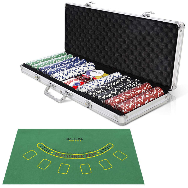 DREAMADE Ultimate Pokerset mit 500 Chips/ 2 Poker Set/ 5 Würfel/Koffer/Spieltuch/ 5 Dealer Buttons,