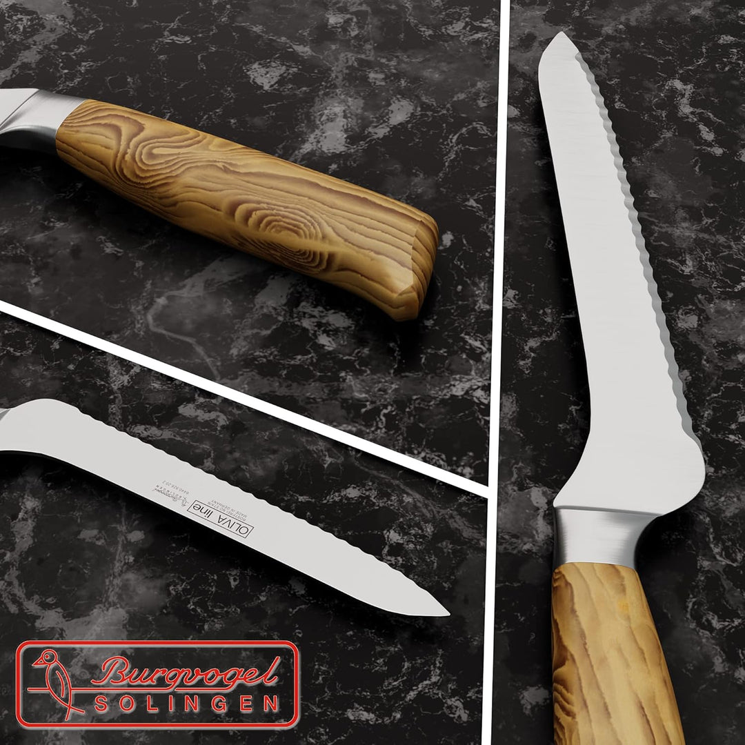 Burgvogel Solingen Brotmesser 20 cm geschmiedet Olivenholz, Oliva Line, Wellenschliff, rostfrei, hel
