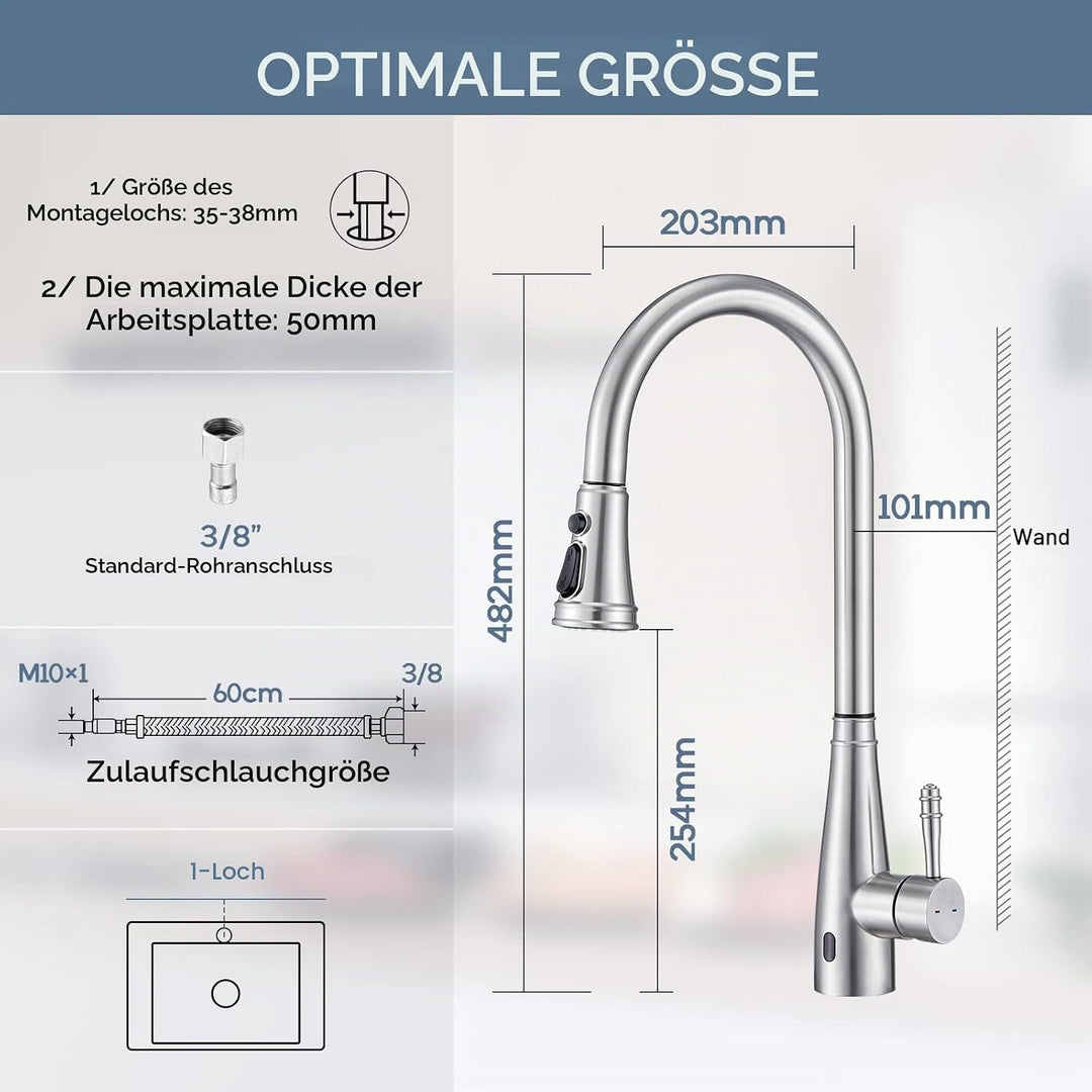 Touchless Sensor Wasserhahn Küche, YUANNY Küchenarmatur mit Ausziehbar Brause, 360° Drehbar Edelstah