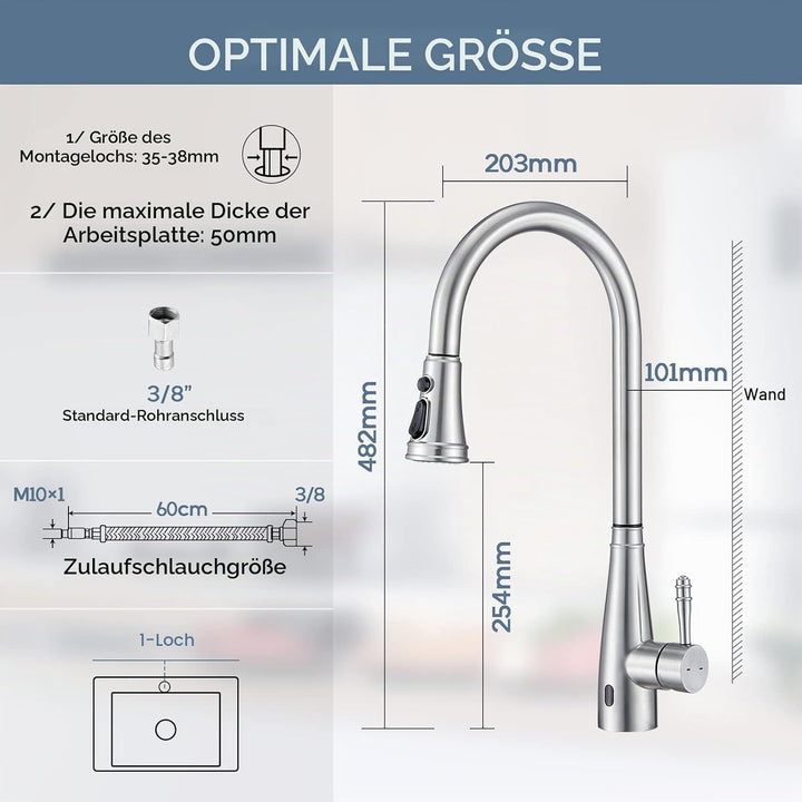 Touchless Sensor Wasserhahn Küche, YUANNY Küchenarmatur mit Ausziehbar Brause, 360° Drehbar Edelstah