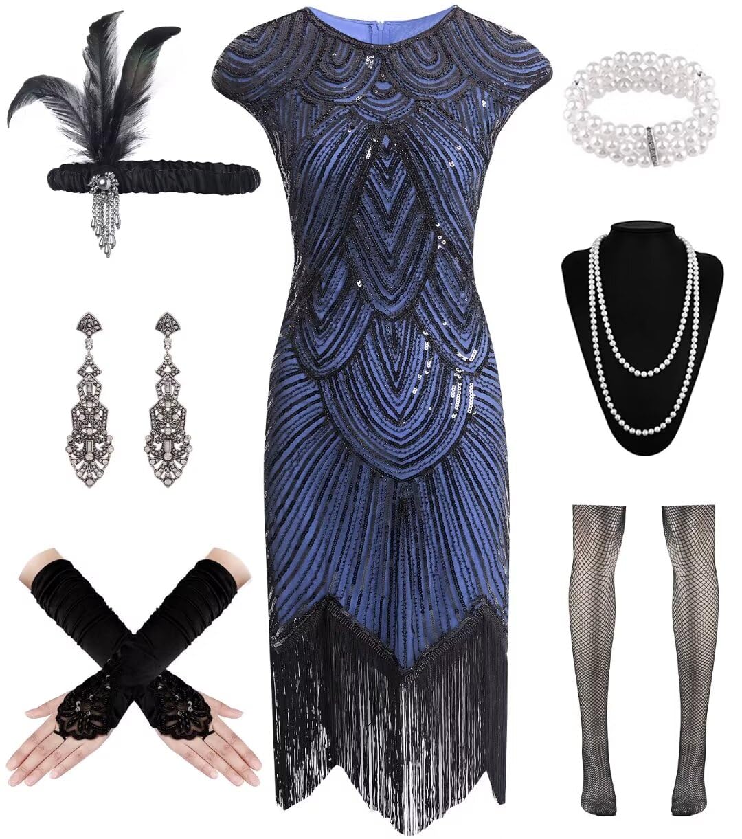 WILDPARTY 20er Jahre Kostüm Damen Charleston Kleid, Flapper Kleid mit Pailletten Perlen Fransen Netz
